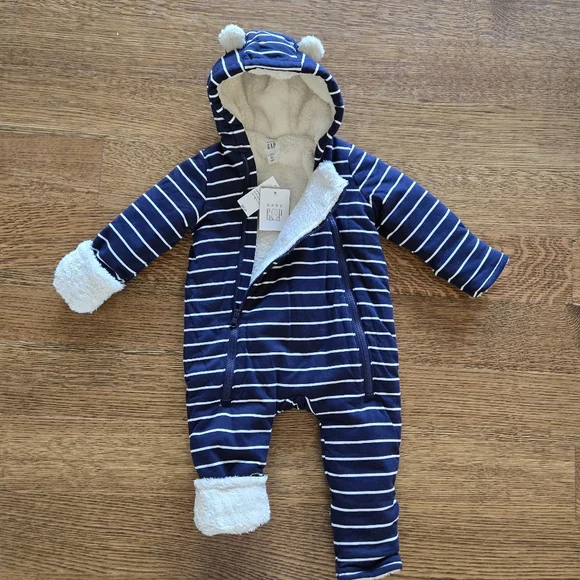 NWT GAP Two Matching *TWINS* Baby Sherpa Hoodie One-Piece Snowsuit Navy Blue 6M - Picture 3 of 8